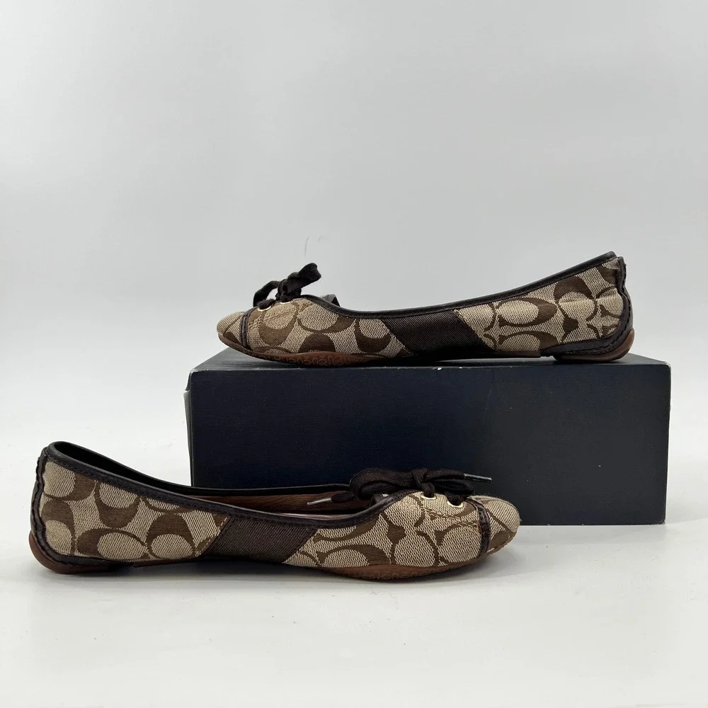 Y2K Coach Vintage Ballet Flats 7.5 Brown Monogram Lace Front Canvas Leather